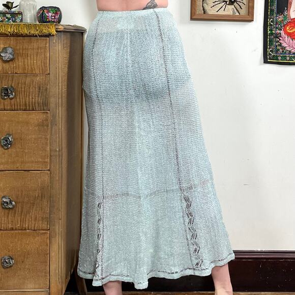 Vintage Mary Farrin Crochet Skirt, 1970s Blue & Silver Open Knit Maxi, Sz XS-S - Picture 7 of 10
